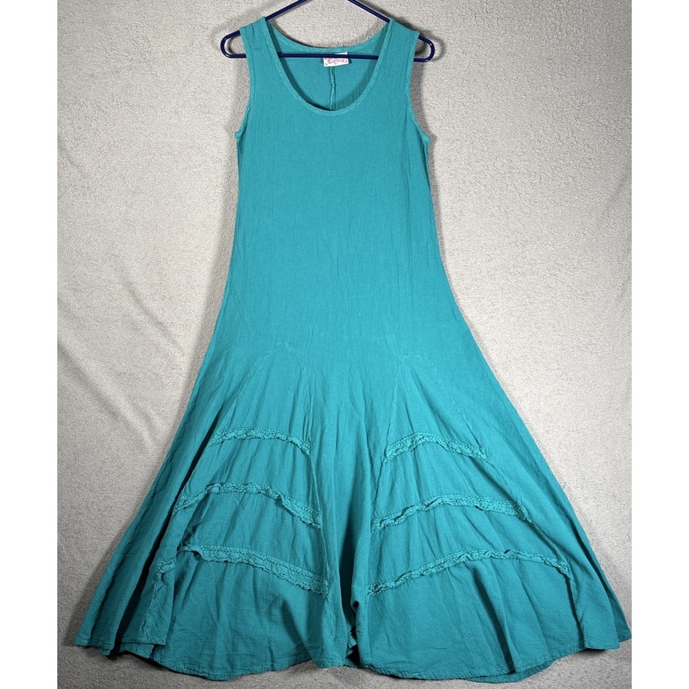 The GauzeWay Teal Blue Cotton Gauze Sleeveless Maxi Dress Size 1 XS Crochet Trim